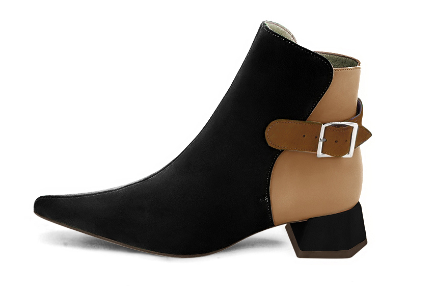 Women's matt black, camel beige and caramel brown elegant ankle boots, with buckles at the back. Pointed toe. Low flare heels - Profile view
